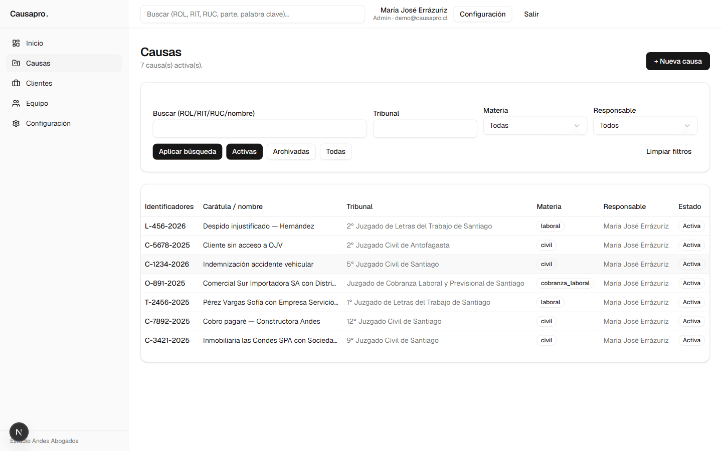 Listado de causas en Causapro con filtros por materia y estado