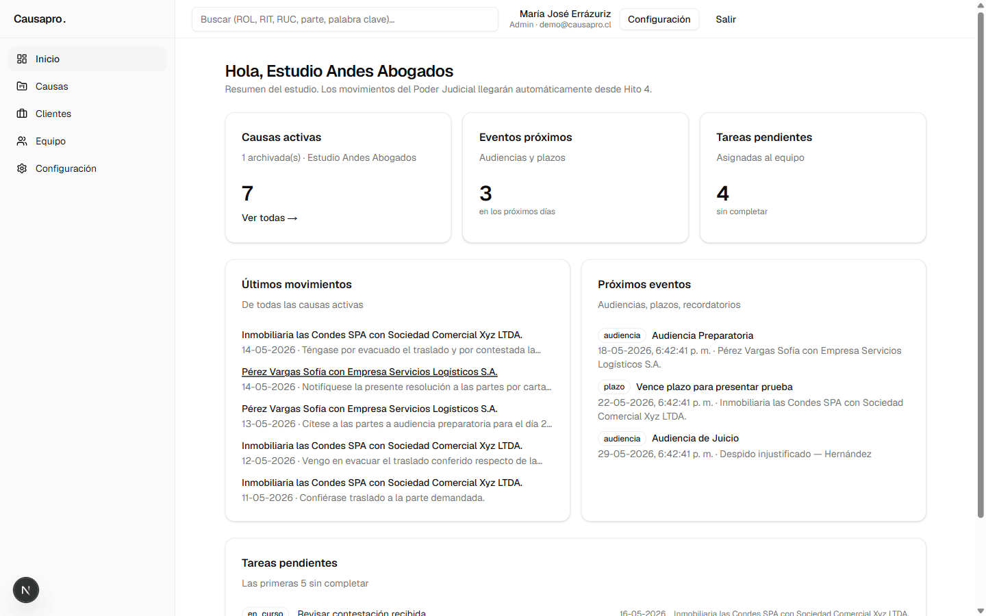 Dashboard de Causapro con causas activas, eventos próximos y tareas pendientes
